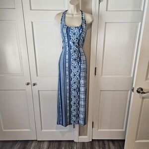 Blue Patterned Halter Maxi Dress